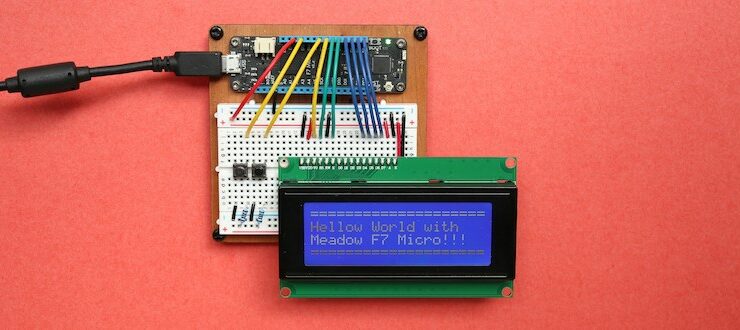 Meadow F7 Micro connected to an LCD character display and two push buttons.