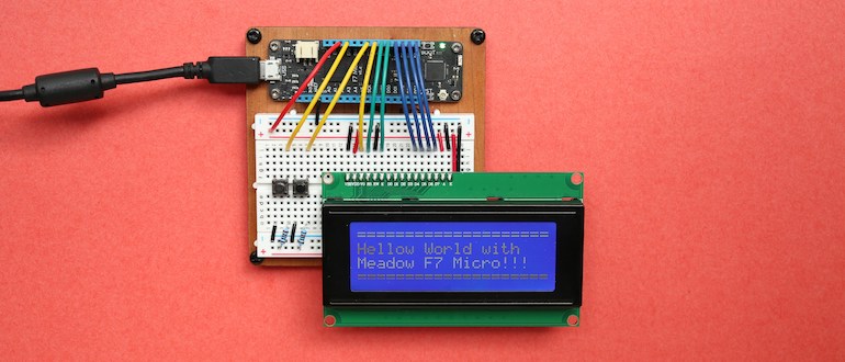 Meadow F7 Micro connected to an LCD character display and two push buttons.